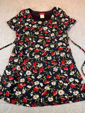 Vintage ESPRIT Floral Mini Dress 90s Navy Red Daisy Print Tie Waist A-Line Y2K